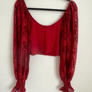 Urban Outfitters - Red Lace Balloon Sleeve Long Sleeve Shirt (L) Cropped